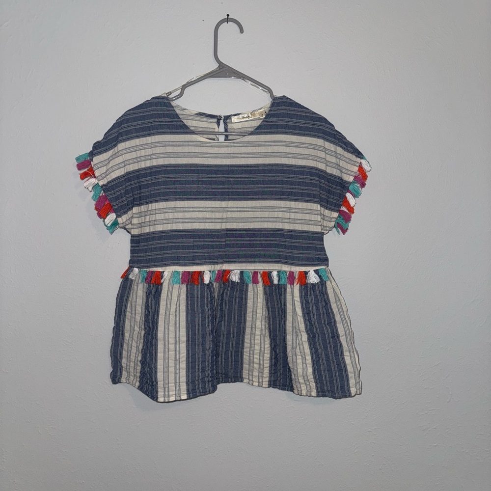 ANDREE BY UNIT Navy and Cream Striped Blouse with Colorful Tassels